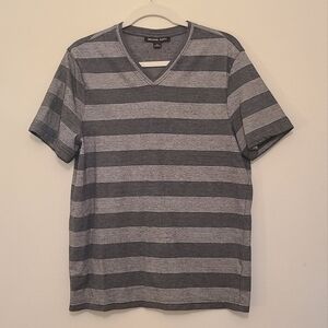 Michael Kors Men's V- Neck Short Sleeve T-shirt Heather Gray Stripes - MK Logo